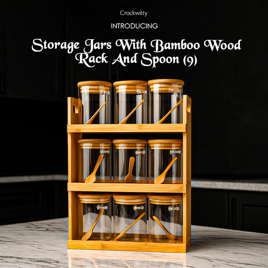 Storage Jars with Bamboo Wood Rack and Spoon Set of 9