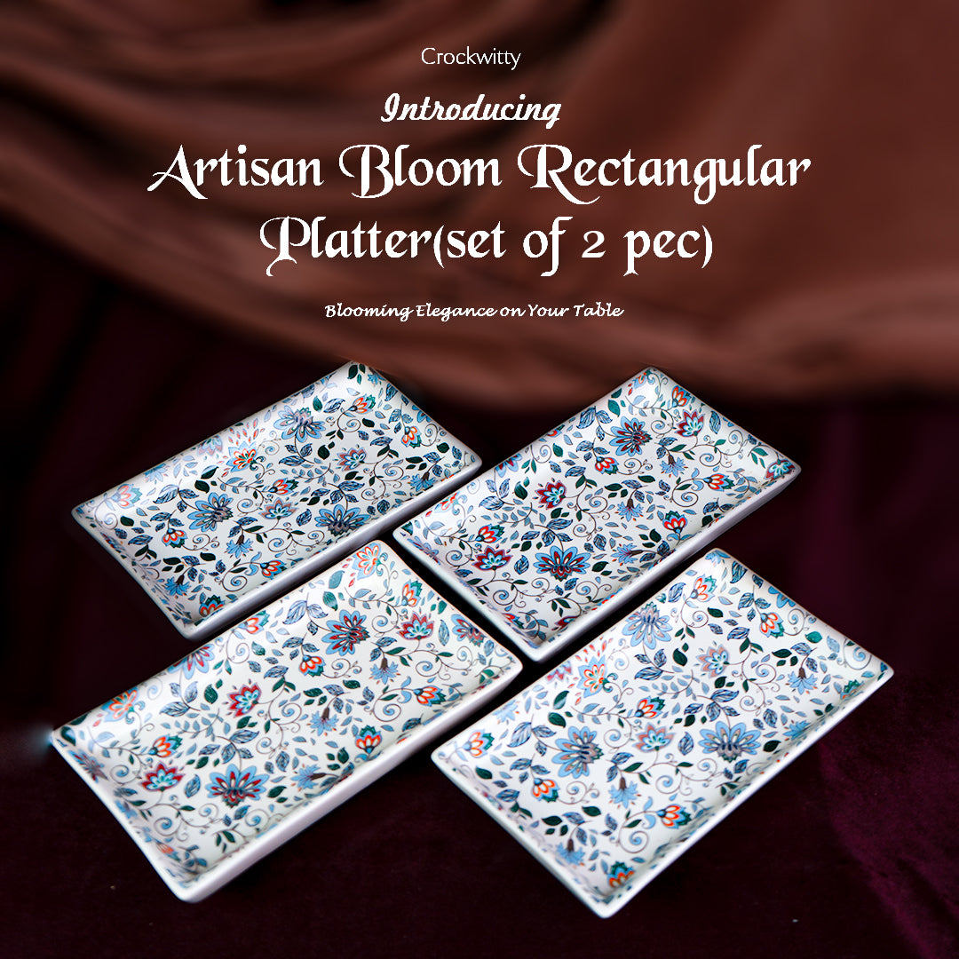 Handcrafted Artisan Bloom Rectangular Ceramic Platter Set of 2