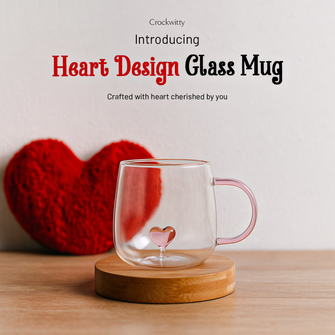 Heart Design Glass Mug Set of 1 500 ml
