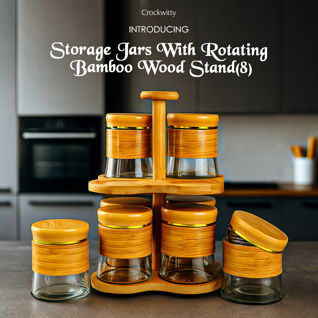 Storage Jars with Rotating Bamboo Wood Stand Set of 8