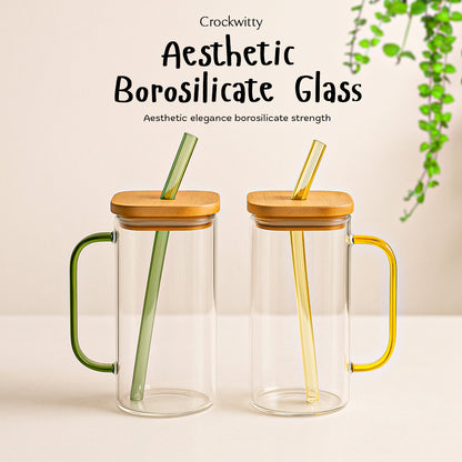 Aesthetic Borosilicate Glass Tumbler with Glass Straw Set of 2 400 ml