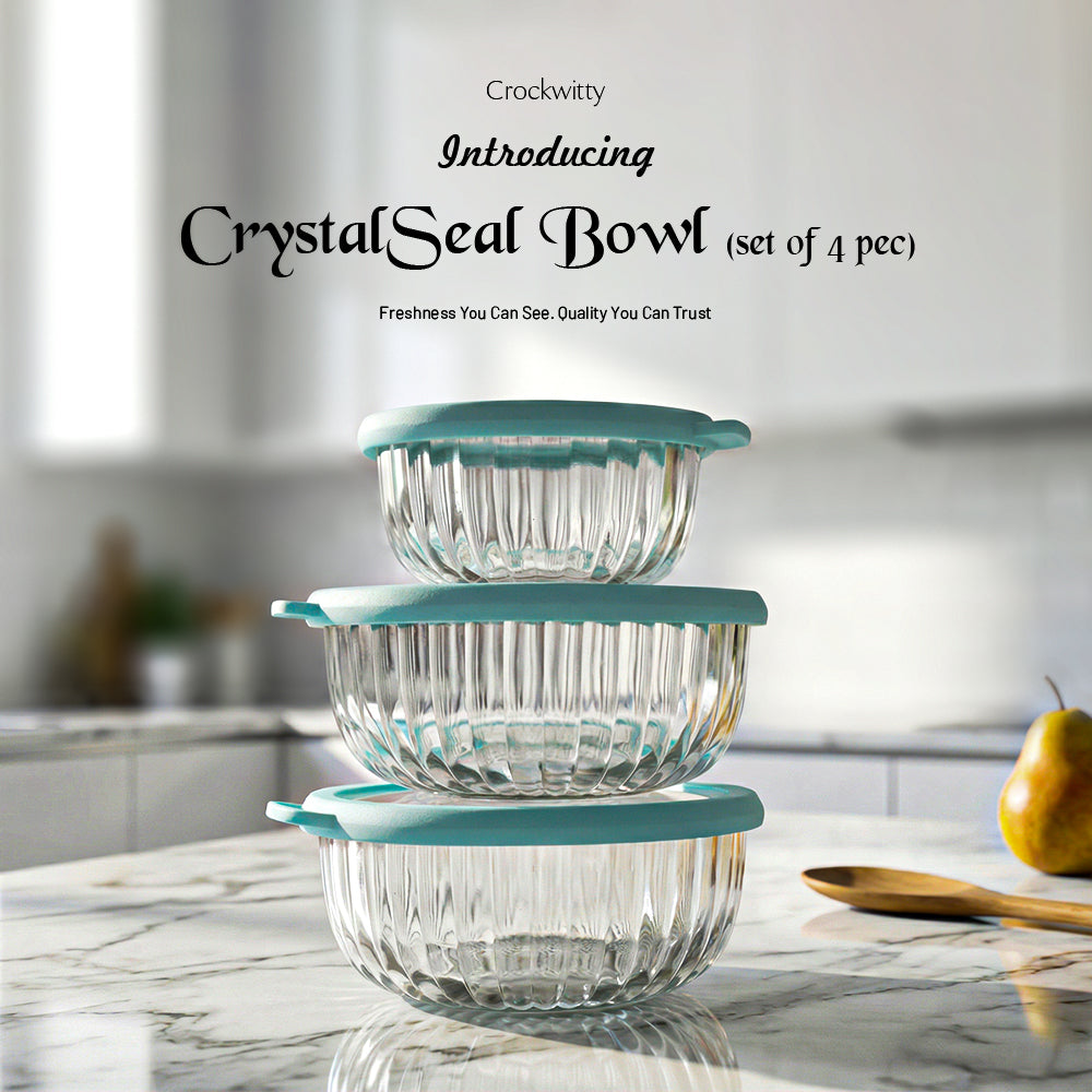 CrystalSeal Glass Storage Bowls – Set of 4 (2 bowls of 350 ml & 2 bowls of 650 ml), Microwave Safe Bowls with Silicone Unbreakable Lid