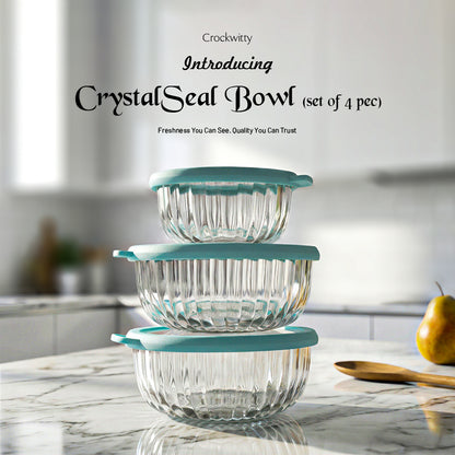CrystalSeal Glass Storage Bowls – Set of 4 (2 bowls of 350 ml & 2 bowls of 650 ml), Microwave Safe Bowls with Silicone Unbreakable Lid