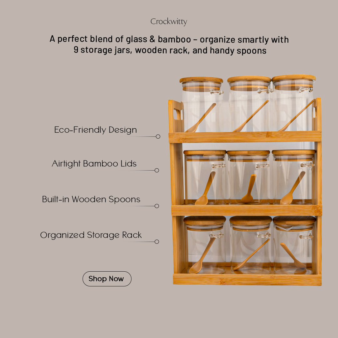 Storage Jars with Bamboo Wood Rack and Spoon Set of 9