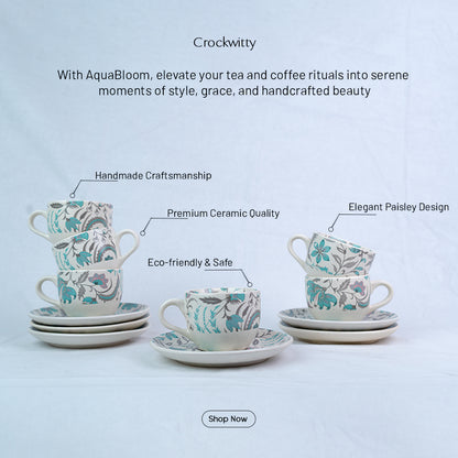 Handcrafted AquaBloom Ceramic Cup and Saucer Set of 2 200ml