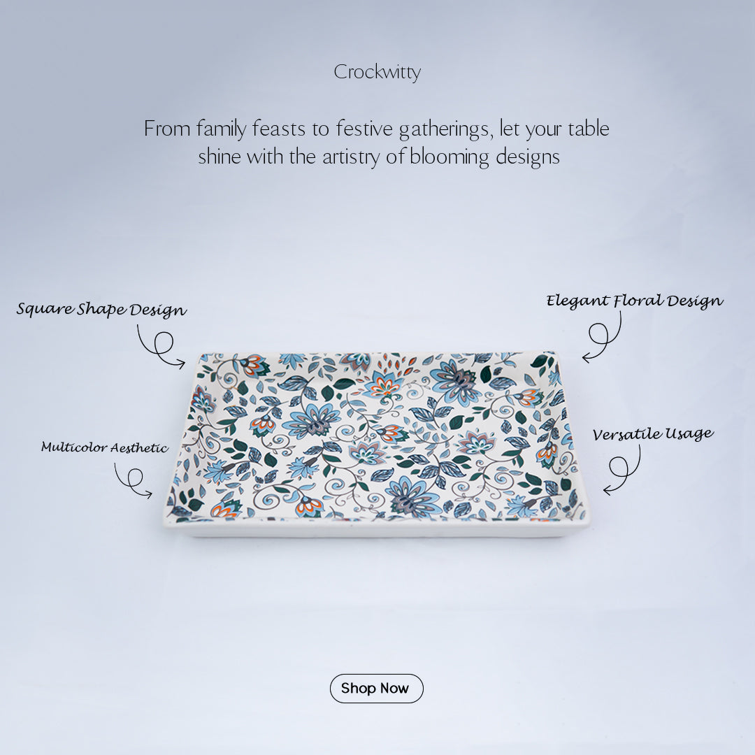 Handcrafted Artisan Bloom Rectangular Ceramic Platter Set of 2