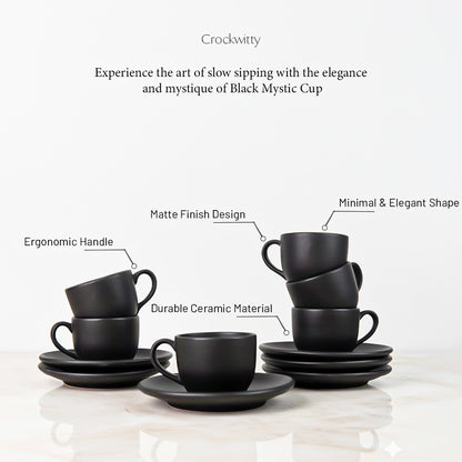 Handcrafted Matte Black Mystic Ceramic Cup and Saucer Set of 2 200 ml
