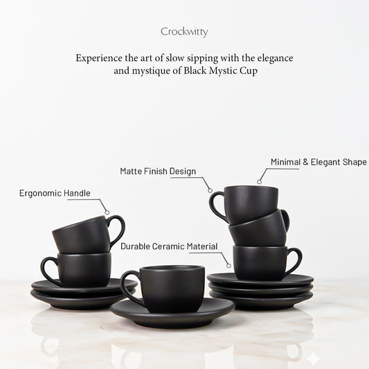 Handcrafted Matte Black Mystic Ceramic Cup and Saucer Set of 2 200 ml