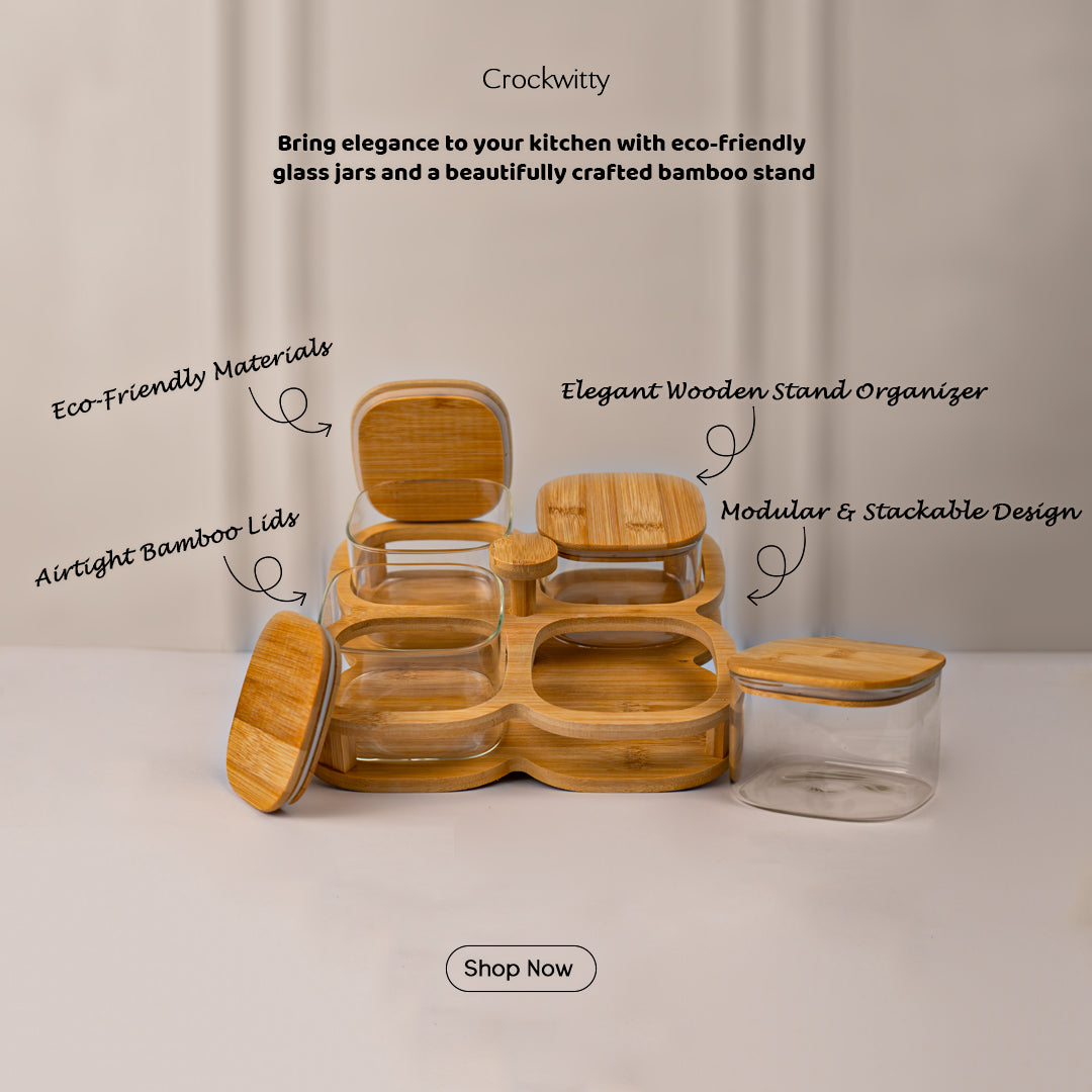 Rotating Bamboo Tray with Airtight Glass Bowls Set of 4 500 ml
