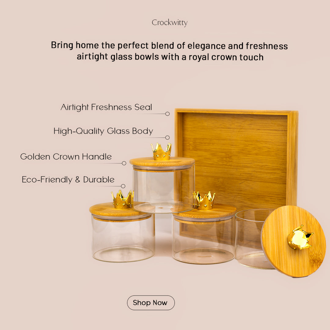 Royal Crown Glass Jar Set with Bamboo Tray – 4 Airtight Storage Jars (500ml)