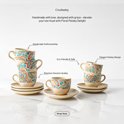 Handcrafted Floral Paisley Delight Cup and Saucer Set of 2 200 ml