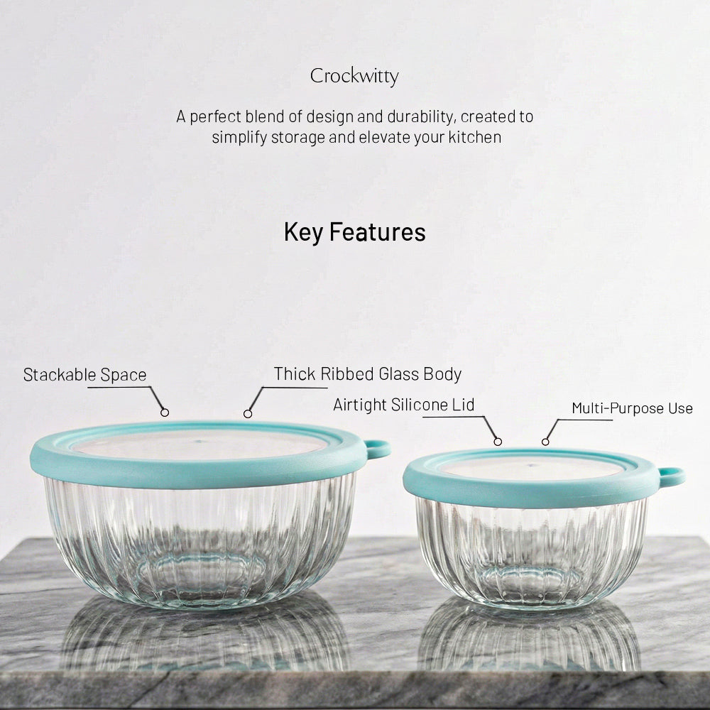 CrystalSeal Glass Storage Bowls – Set of 4 (2 bowls of 350 ml & 2 bowls of 650 ml), Microwave Safe Bowls with Silicone Unbreakable Lid