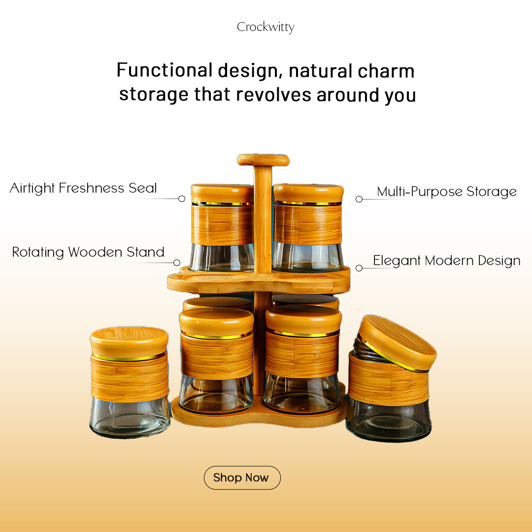 Storage Jars with Rotating Bamboo Wood Stand Set of 8