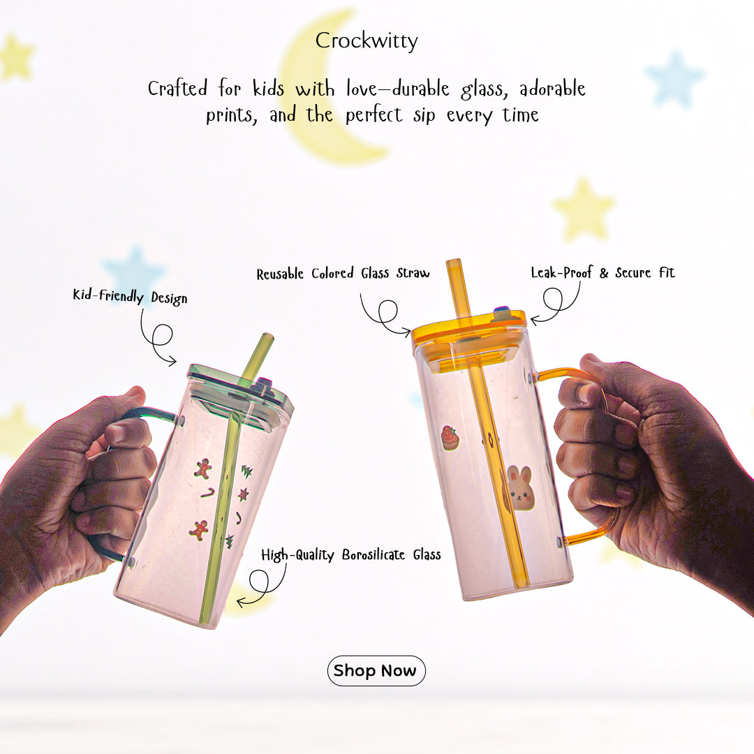 Aesthetic Borosilicate Kids Glass Tumbler with Straw Set of 2 400 ml