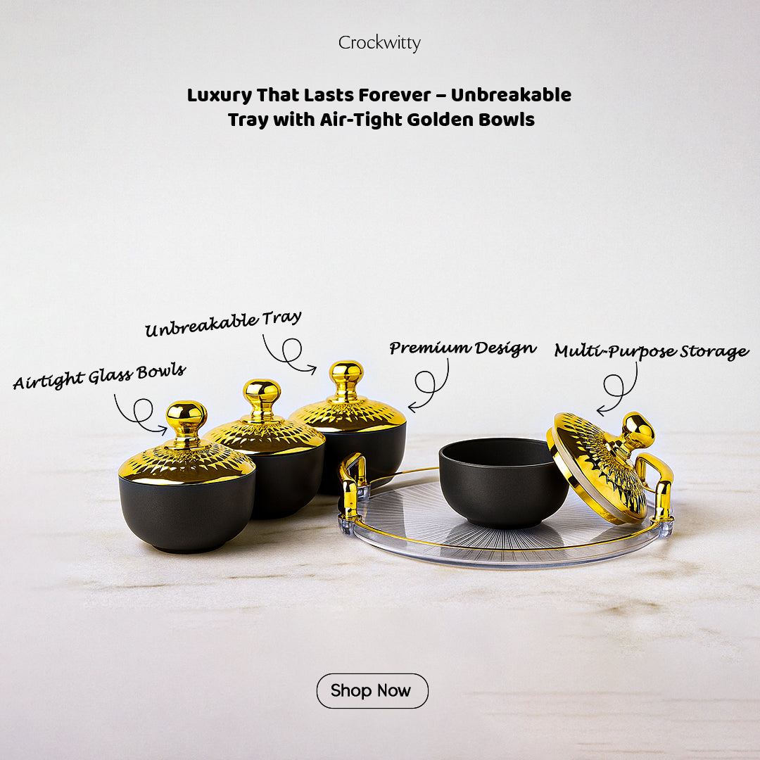 Unbreakable Tray with Airtight Glass Bowls (Golden) 280 ml