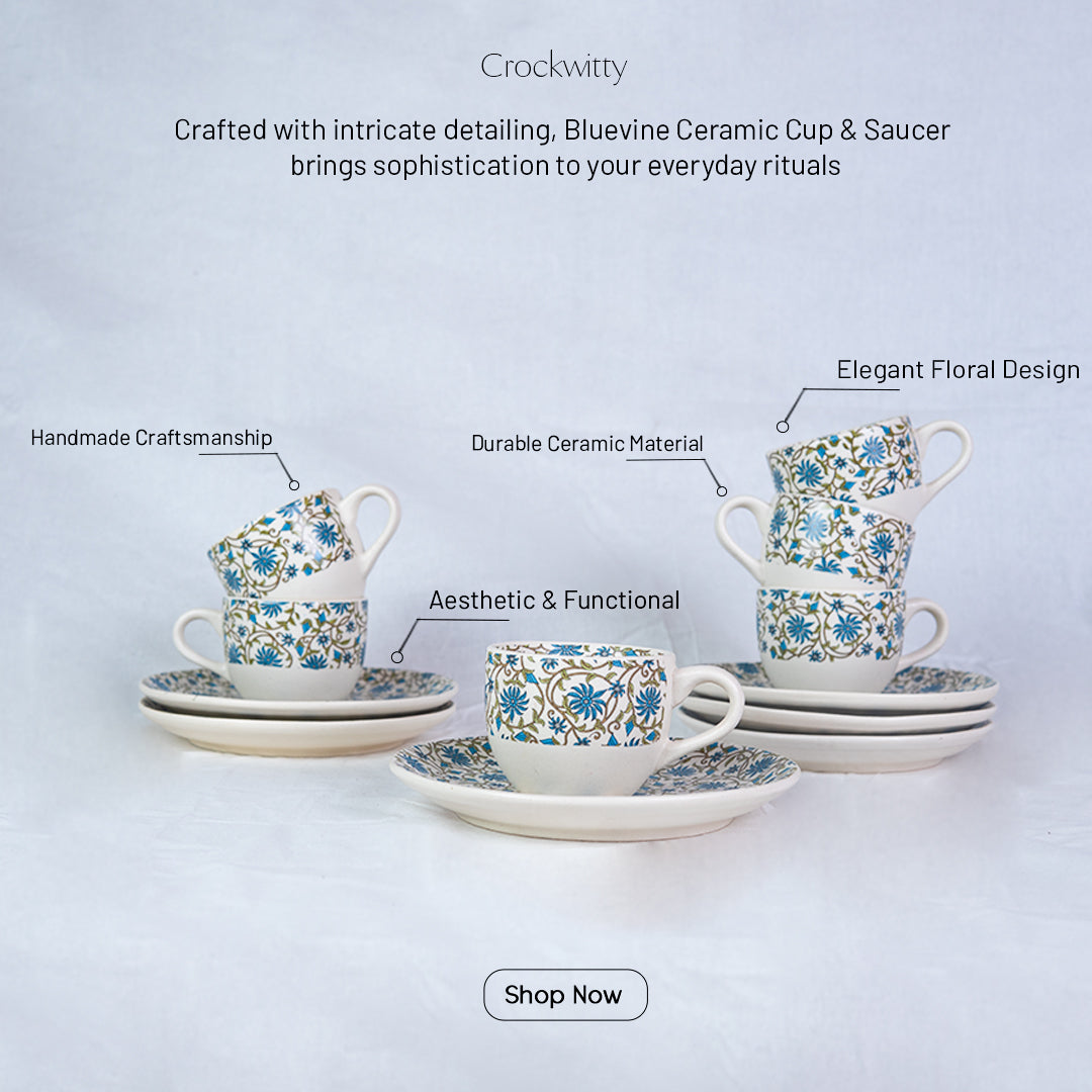 Handcrafted Bluevine Ceramic Cup and Saucer Set of 2 200 ml
