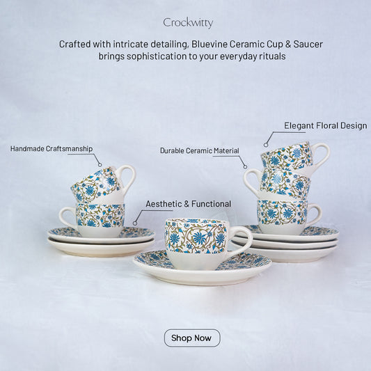 Handcrafted Bluevine Ceramic Cup and Saucer Set of 2 200 ml