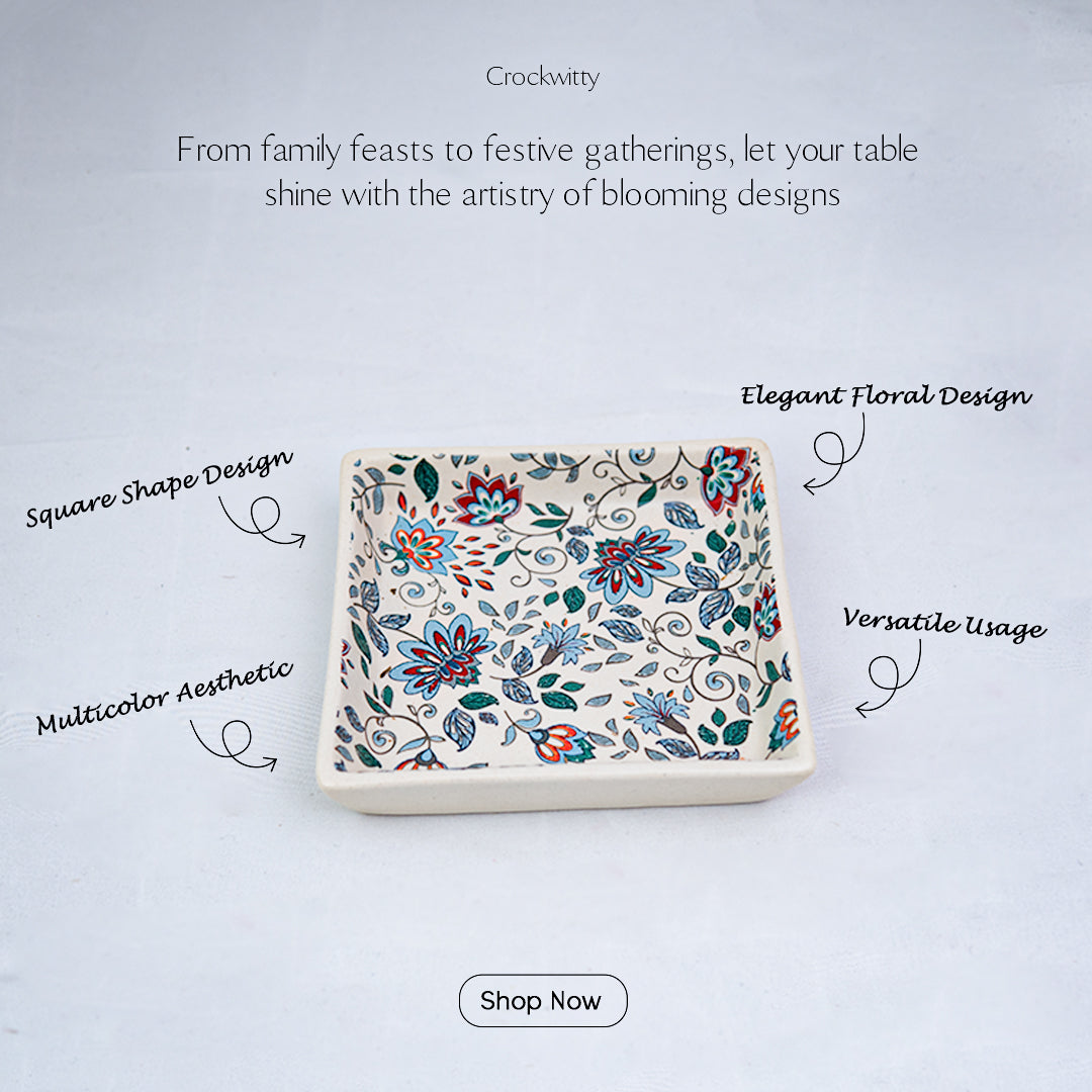 Handcrafted Artisan Bloom Ceramic Square Platter Set of 6