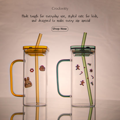 Aesthetic Borosilicate Kids Glass Tumbler with Straw Set of 2 400 ml