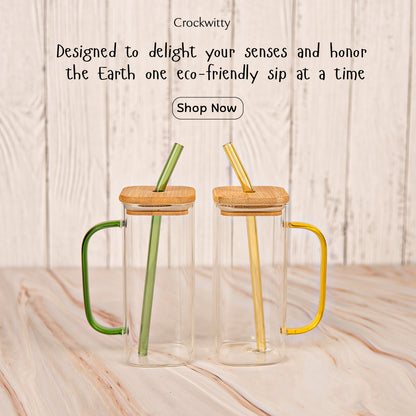 Aesthetic Borosilicate Glass Tumbler with Glass Straw Set of 2 400 ml