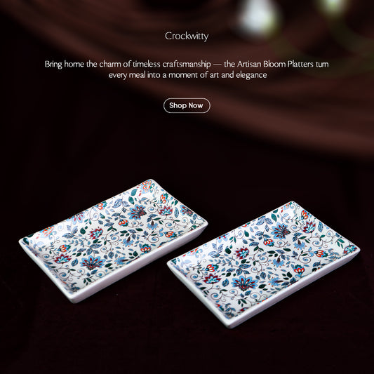 Handcrafted Artisan Bloom Rectangular Ceramic Platter Set of 2