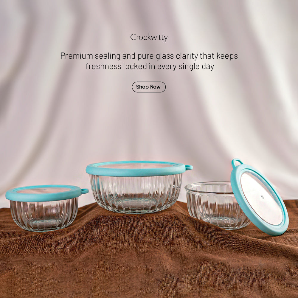 CrystalSeal Glass Storage Bowls – Set of 4 (2 bowls of 350 ml & 2 bowls of 650 ml), Microwave Safe Bowls with Silicone Unbreakable Lid