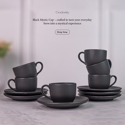 Handcrafted Matte Black Mystic Ceramic Cup and Saucer Set of 2 200 ml