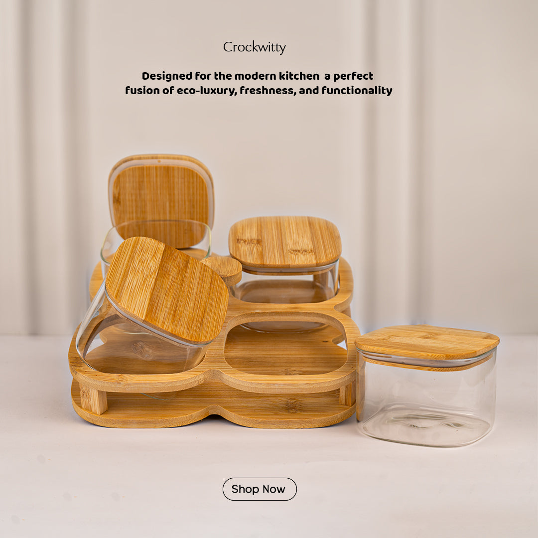 Rotating Bamboo Tray with Airtight Glass Bowls Set of 4 500 ml