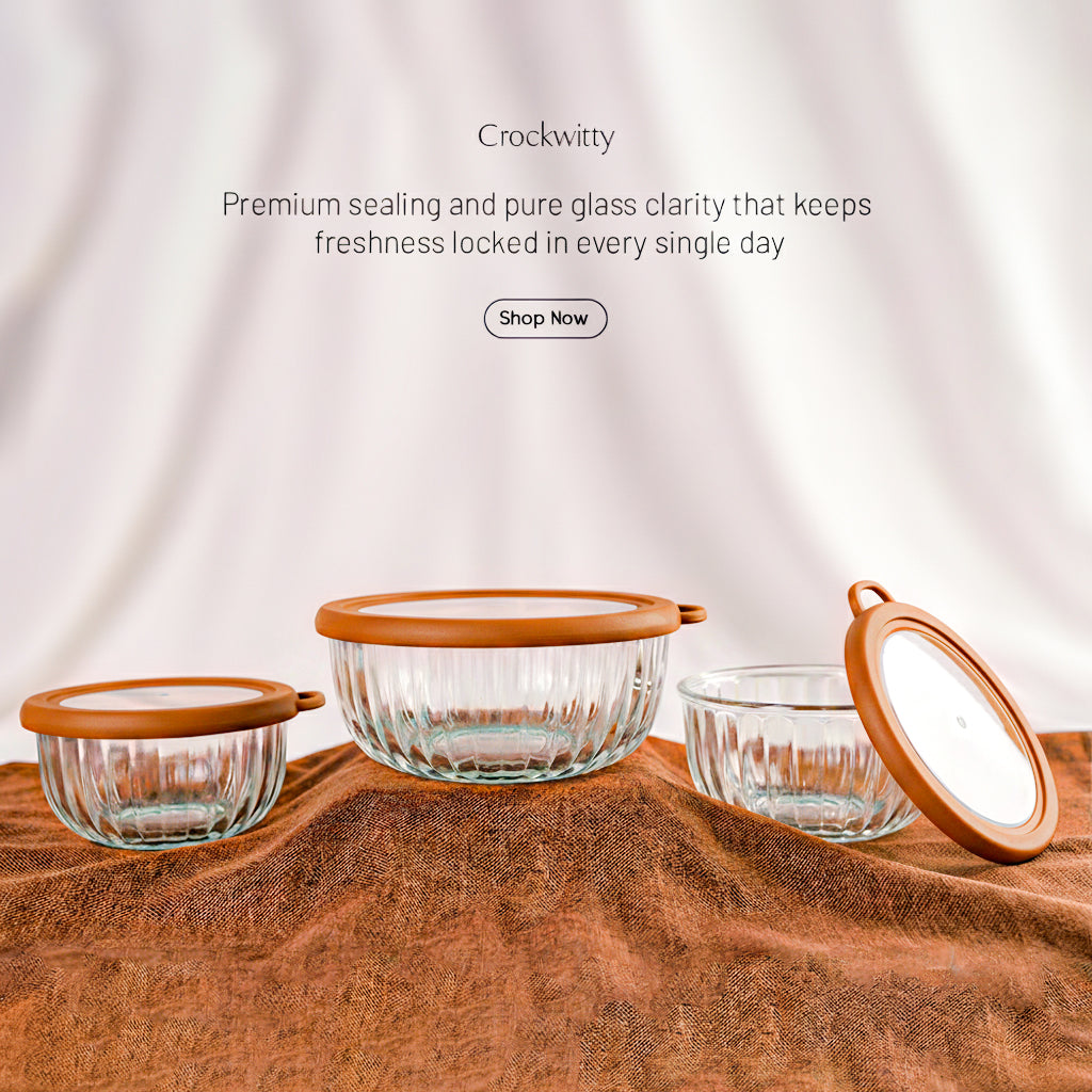 CrystalSeal Glass Storage Bowls – Set of 4 (2 bowls of 350 ml & 2 bowls of 650 ml), Microwave Safe Bowls with Silicone Unbreakable Lid