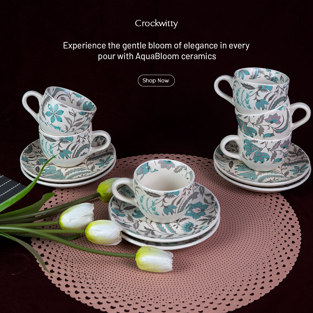 Handcrafted AquaBloom Ceramic Cup and Saucer Set of 2 200ml