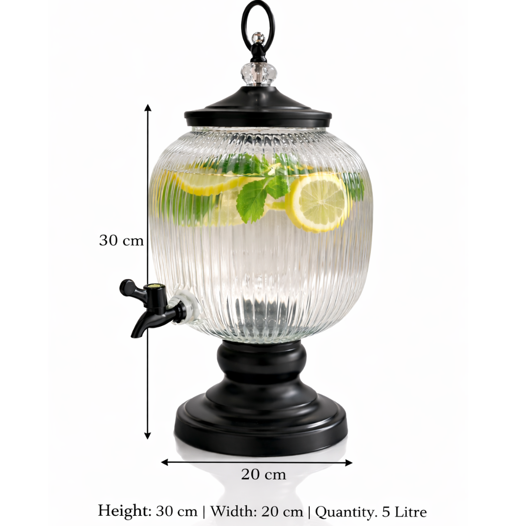 Orb Ribbed Glass Beverage Dispenser with Black Stand | 5 Litre
