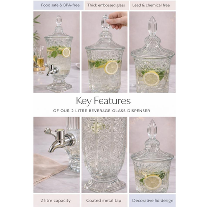 Crystal Cut Glass Beverage Dispenser with Pedestal Stand & Strong Tap | 2 Litre