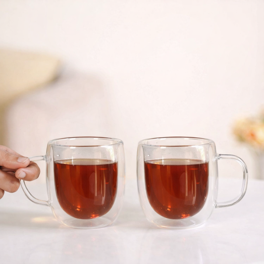 Crockwitty Double Wall Glass Mug Set of 2 — 250ml Borosilicate Glass Tea & Coffee Cups | Ergonomic Handle | Lightweight | Thermal Insulation