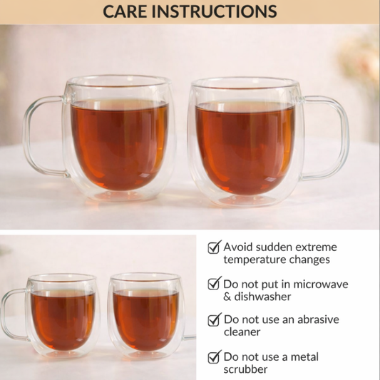 Crockwitty Double Wall Glass Mug Set of 2 — 250ml Borosilicate Glass Tea & Coffee Cups | Ergonomic Handle | Lightweight | Thermal Insulation