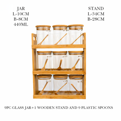 Glass Spice Jars with Bamboo Rack Set of 9 – 440ml Airtight Kitchen Storage Containers with Wooden Lids & Spoons | 3-Tier Countertop Organizer | BPA-Free, Lead-Free, Food Safe