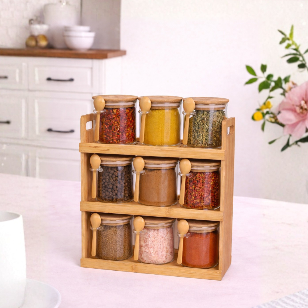 Glass Spice Jars with Bamboo Rack Set of 9 – 440ml Airtight Kitchen Storage Containers with Wooden Lids & Spoons | 3-Tier Countertop Organizer | BPA-Free, Lead-Free, Food Safe