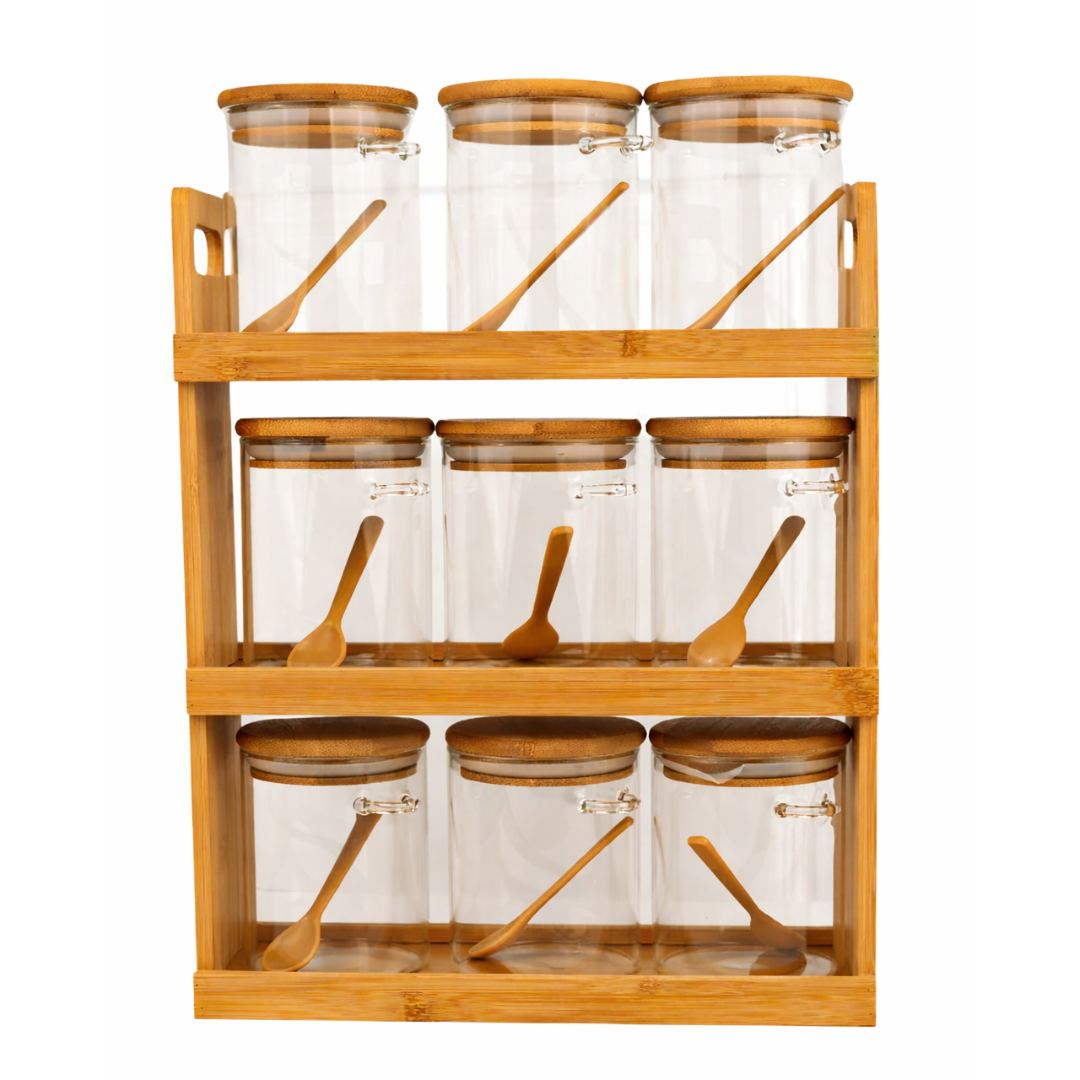 Glass Spice Jars with Bamboo Rack Set of 9 – 440ml Airtight Kitchen Storage Containers with Wooden Lids & Spoons | 3-Tier Countertop Organizer | BPA-Free, Lead-Free, Food Safe