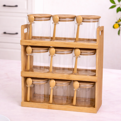 Glass Spice Jars with Bamboo Rack Set of 9 – 440ml Airtight Kitchen Storage Containers with Wooden Lids & Spoons | 3-Tier Countertop Organizer | BPA-Free, Lead-Free, Food Safe
