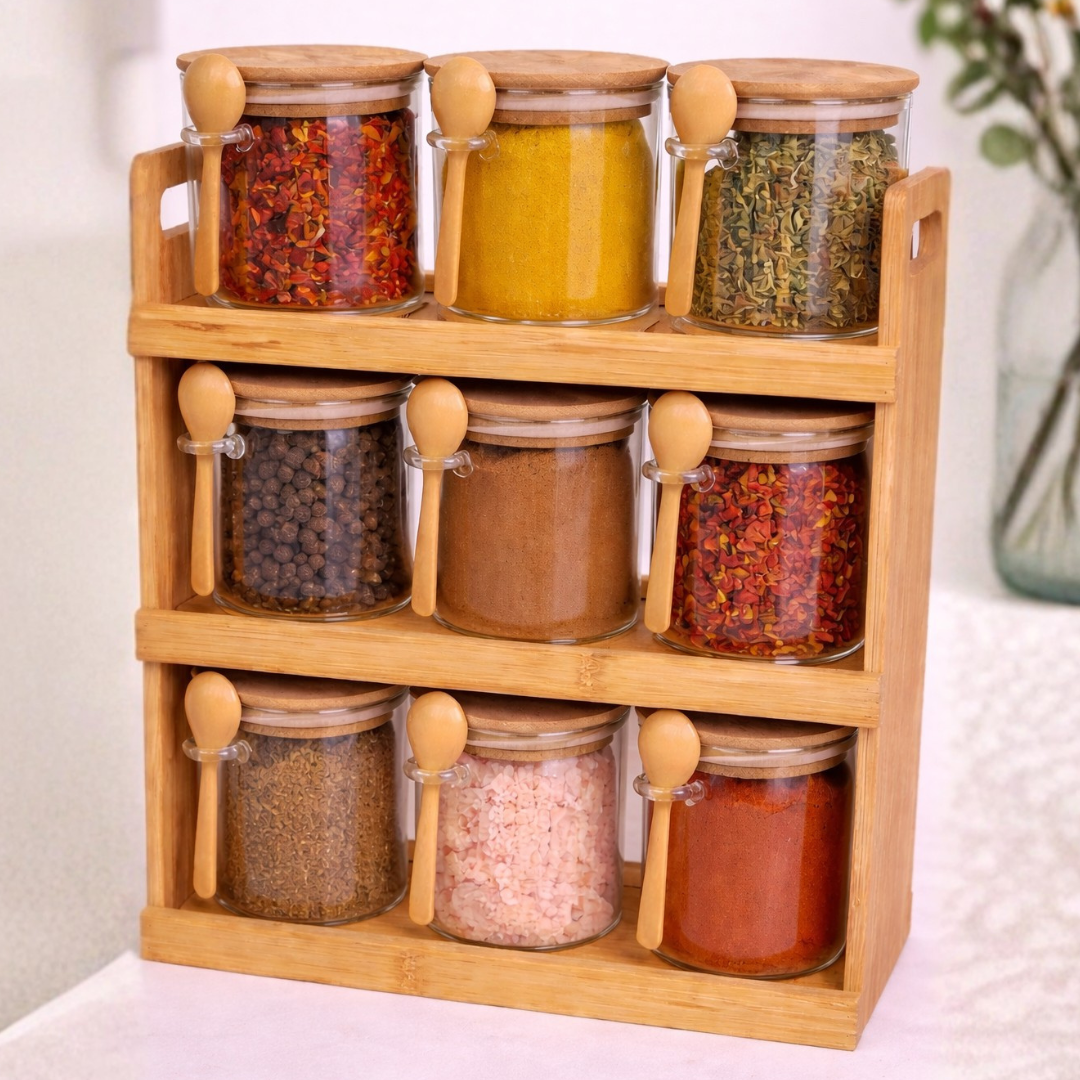Glass Spice Jars with Bamboo Rack Set of 9 – 440ml Airtight Kitchen Storage Containers with Wooden Lids & Spoons | 3-Tier Countertop Organizer | BPA-Free, Lead-Free, Food Safe
