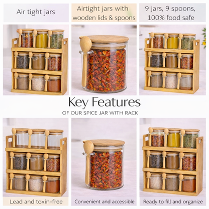 Glass Spice Jars with Bamboo Rack Set of 9 – 440ml Airtight Kitchen Storage Containers with Wooden Lids & Spoons | 3-Tier Countertop Organizer | BPA-Free, Lead-Free, Food Safe