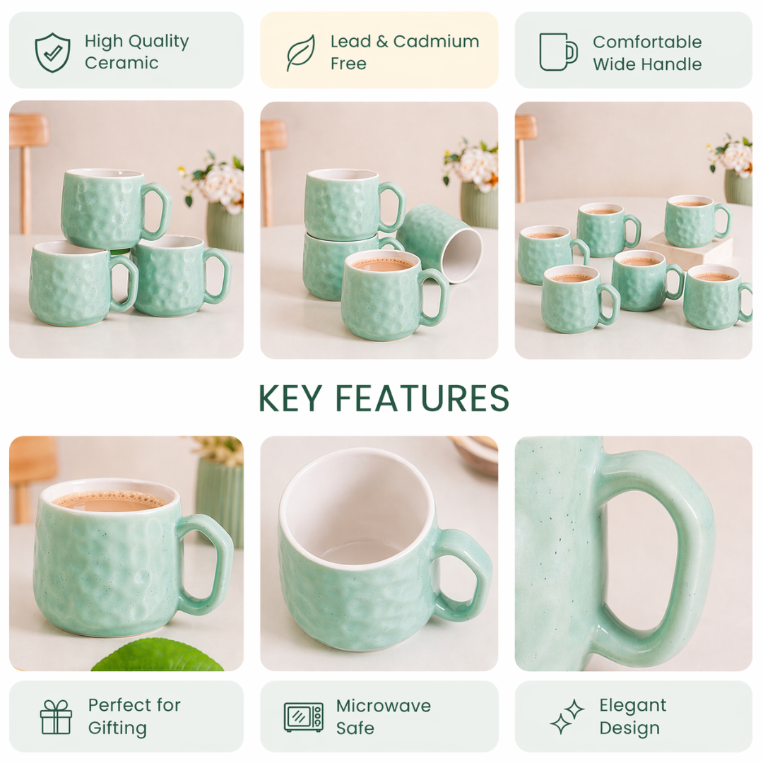 Hammered Mint Ceramic Chai Mug Set of 6 — 200 ml | Lead and Cadmium Free | Microwave Safe | Wide Handle | Tea Coffee Mug Set for Home and Kitchen