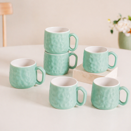 Hammered Mint Ceramic Chai Mug Set of 6 — 200 ml | Lead and Cadmium Free | Microwave Safe | Wide Handle | Tea Coffee Mug Set for Home and Kitchen