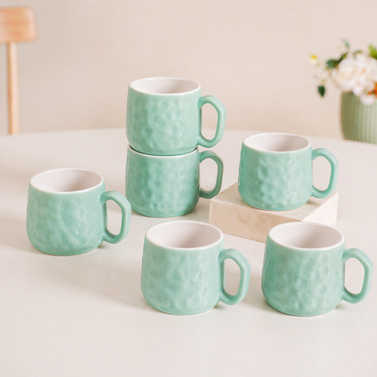 Hammered Mint Ceramic Chai Mug Set of 6 — 200 ml | Lead and Cadmium Free | Microwave Safe | Wide Handle | Tea Coffee Mug Set for Home and Kitchen
