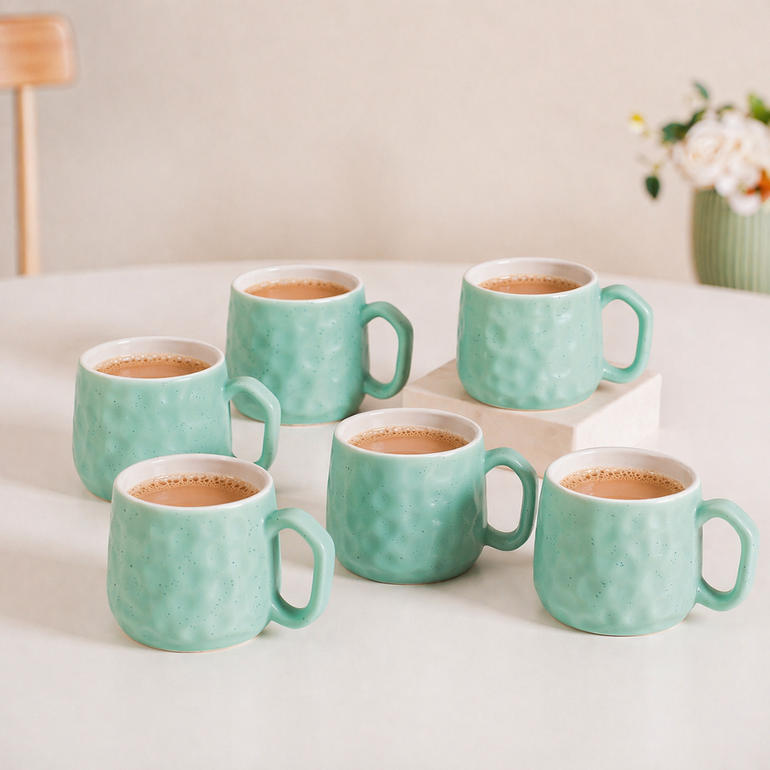 Hammered Mint Ceramic Chai Mug Set of 6 — 200 ml | Lead and Cadmium Free | Microwave Safe | Wide Handle | Tea Coffee Mug Set for Home and Kitchen