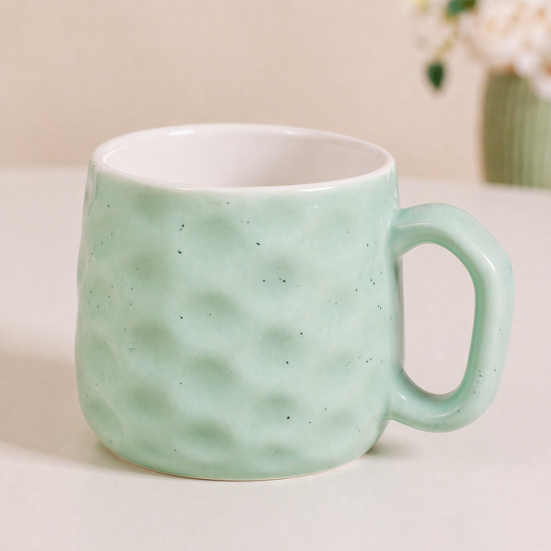 Hammered Mint Ceramic Chai Mug Set of 6 — 200 ml | Lead and Cadmium Free | Microwave Safe | Wide Handle | Tea Coffee Mug Set for Home and Kitchen