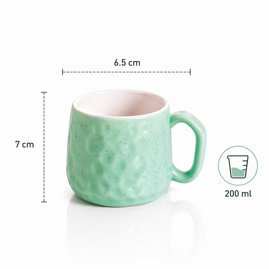 Hammered Mint Ceramic Chai Mug Set of 6 — 200 ml | Lead and Cadmium Free | Microwave Safe | Wide Handle | Tea Coffee Mug Set for Home and Kitchen