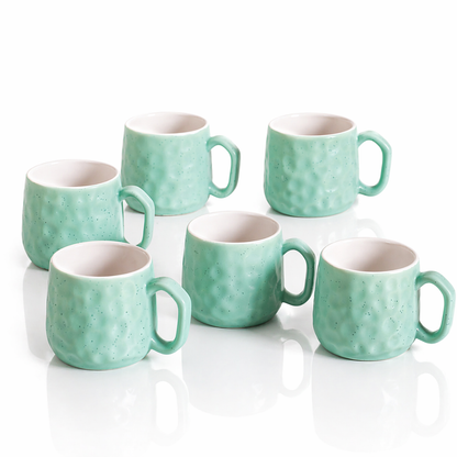 Hammered Mint Ceramic Chai Mug Set of 6 — 200 ml | Lead and Cadmium Free | Microwave Safe | Wide Handle | Tea Coffee Mug Set for Home and Kitchen