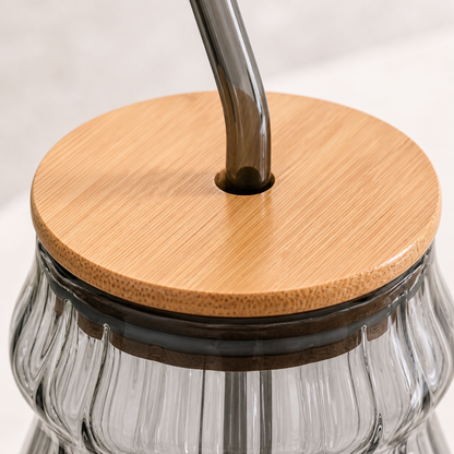 Wave Glass Tumbler with Bamboo Lid & Glass Straw — 600ml Borosilicate Aesthetic Cup | Ribbed Wave Barrel, Smoked Grey, Non-Toxic & Lead-Free