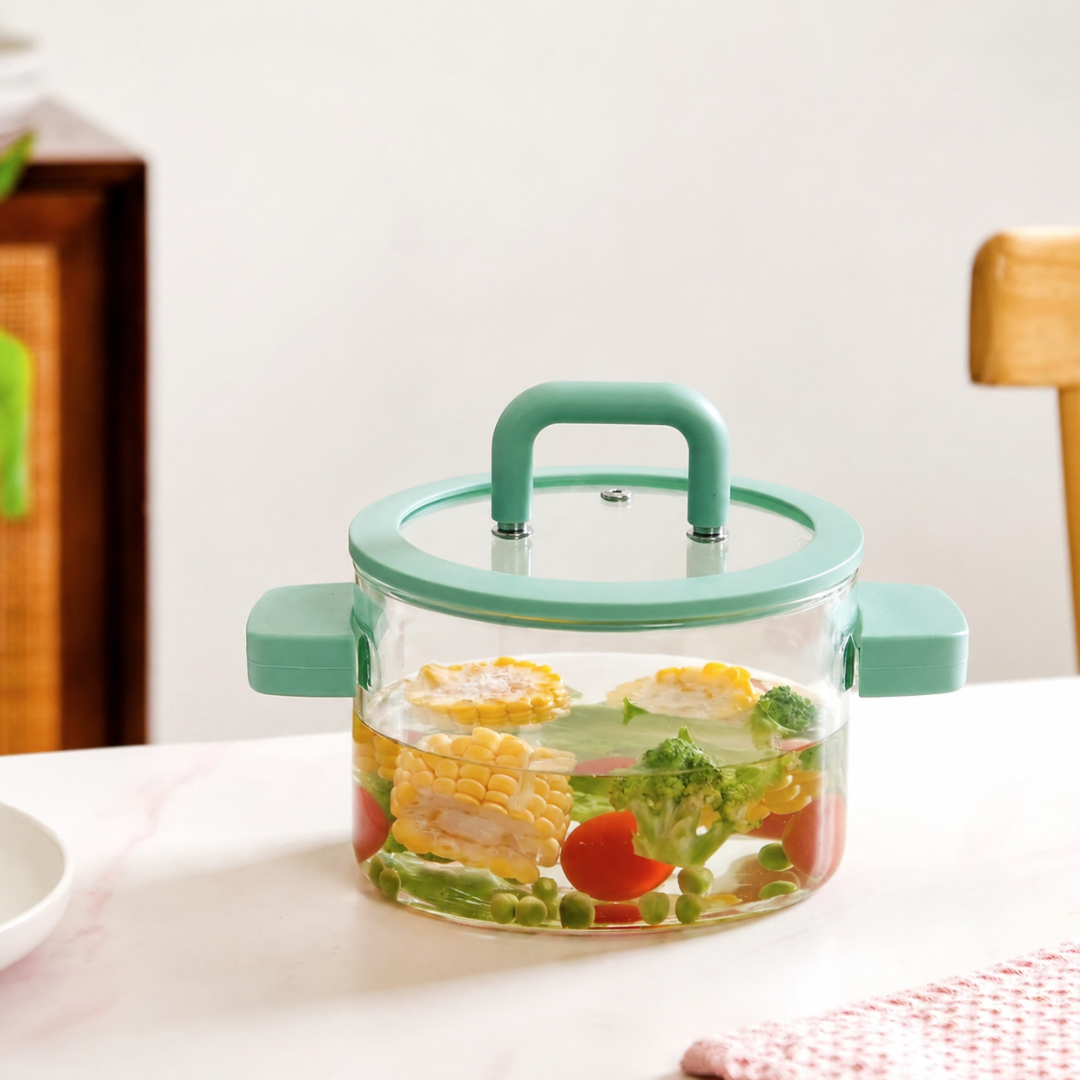 Borosilicate Glass Cooking Pot with Lid & Silicone Handles — 1800ml | Microwave, Stovetop & Dishwasher Safe | Non-Toxic Lead-Free Glass Saucepan