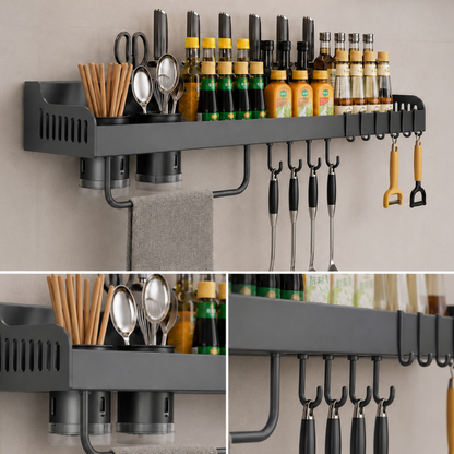 Carbon Steel Wall-Mounted Kitchen Organizer Rack 60cm — High-Strength Shelf with 8 Sliding Hooks, Double Utensil Holder & Towel Bar | Modular Kitchen Wall Storage